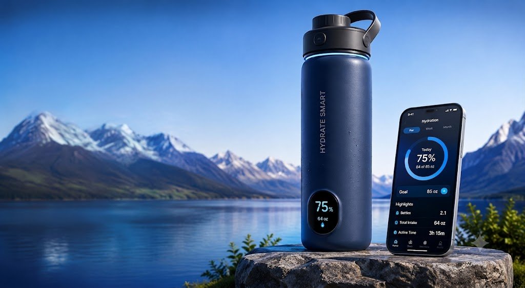 Smart water bottle by a lake — stay hydrated
